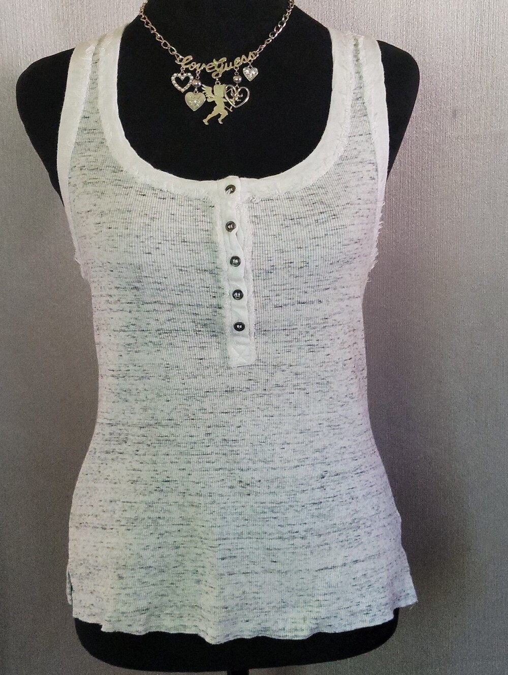 Women’s White Heathered Tank Top with Button Henley